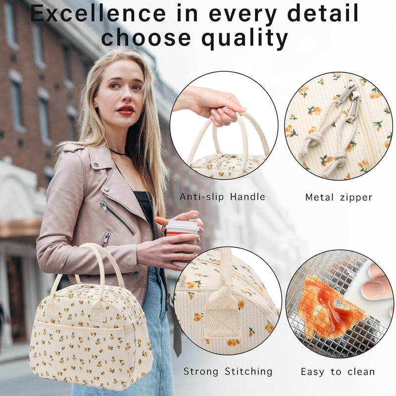 Carry bloom Lunch Box for Women, Insulated Lunch Bag Cute Corduroy Lunchbag Reusable Lunchbox for Work (flower yellow) - Image 5